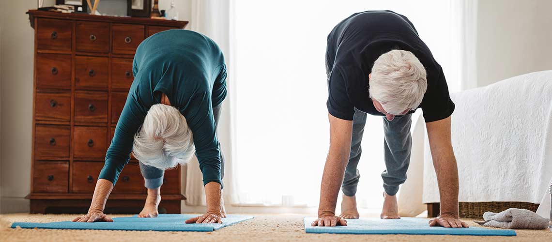 Elderly couple doing yoga on mats